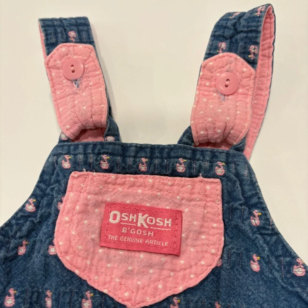 OshKosh B'Gosh 6-9M Pink Duck Print Denim Overalls Quilted Bib Baby VTG